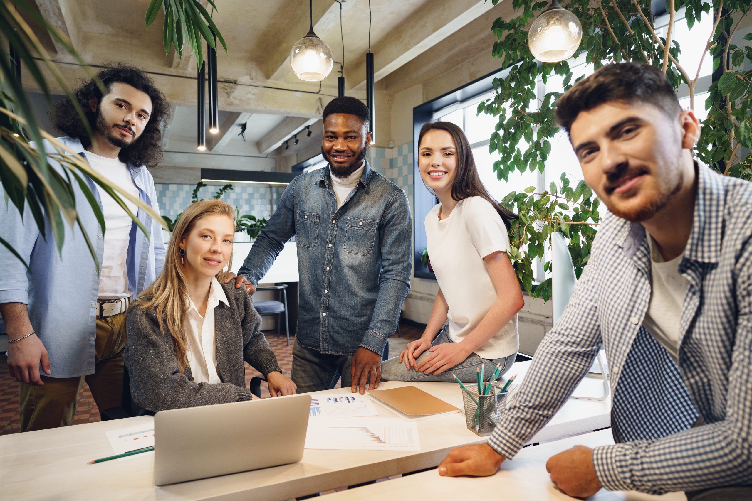 Group office portrait of happy diverse colleagues team